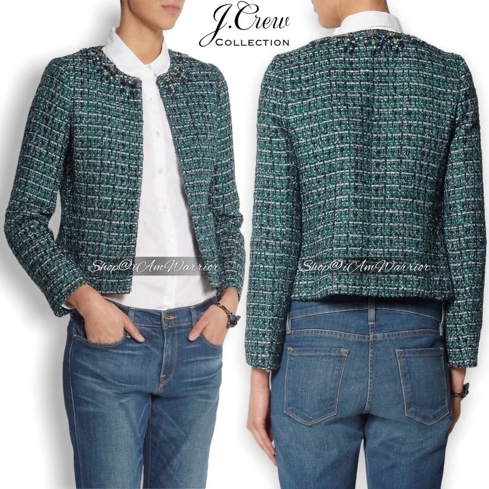 J.Crew Collection jeweled emerald + navy tweed blazer/jacket *shop@iamwarrior
